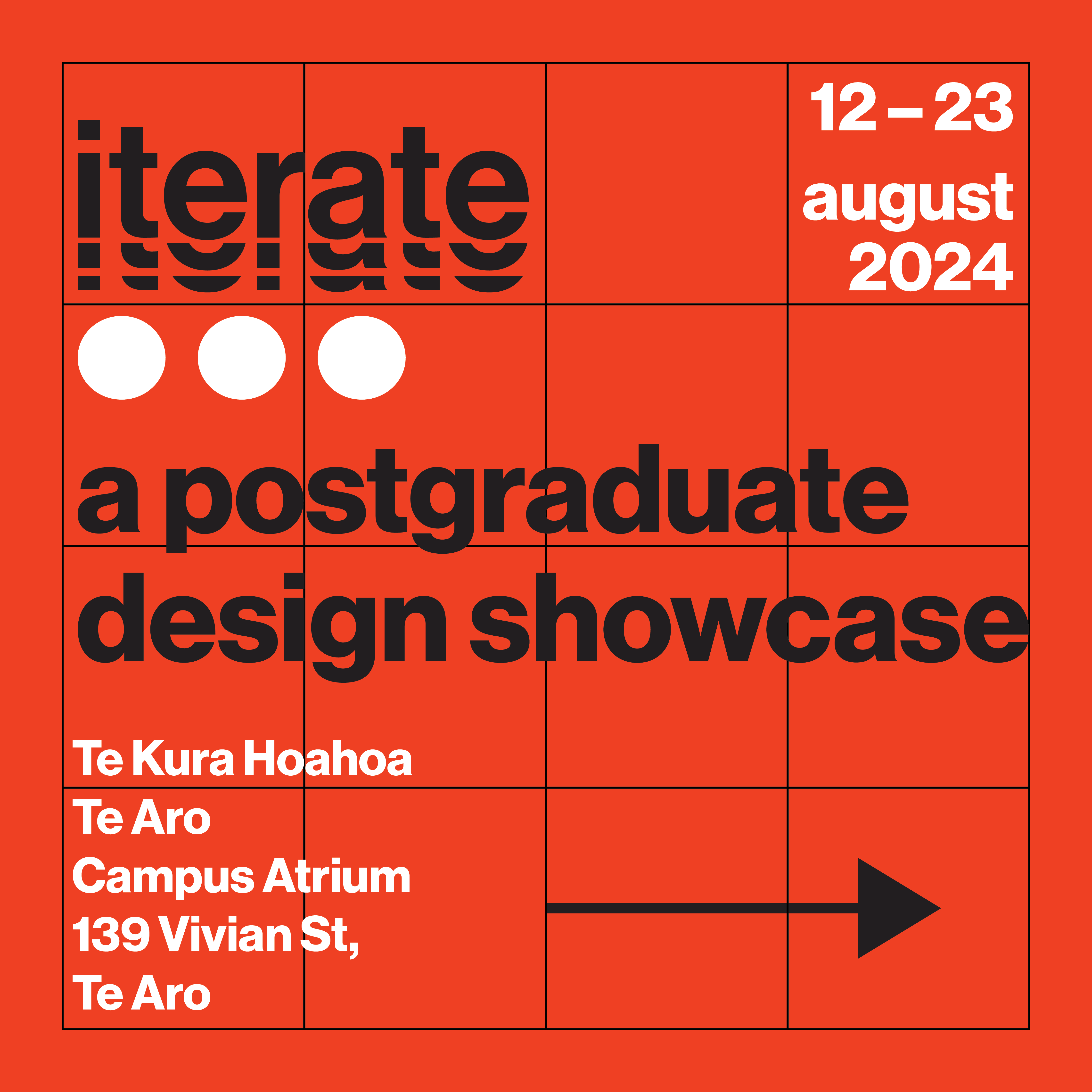 Iterate square card showing the red, black and white palette on the grid