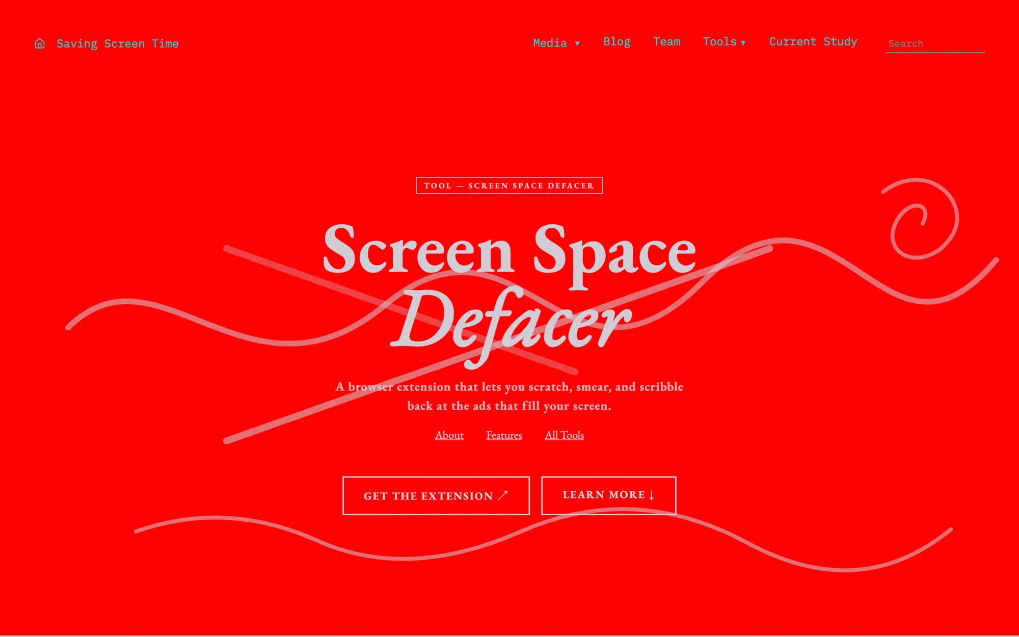 The Screen Space Defacer page — red field, stacked serif title, and the invitation to deface your screen