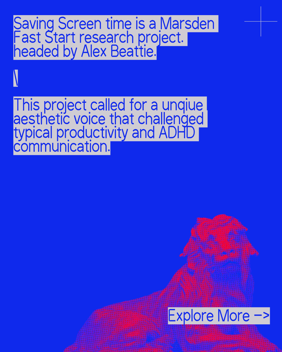 The statement poster — highlighted sans over electric blue, halftone horse at the foot